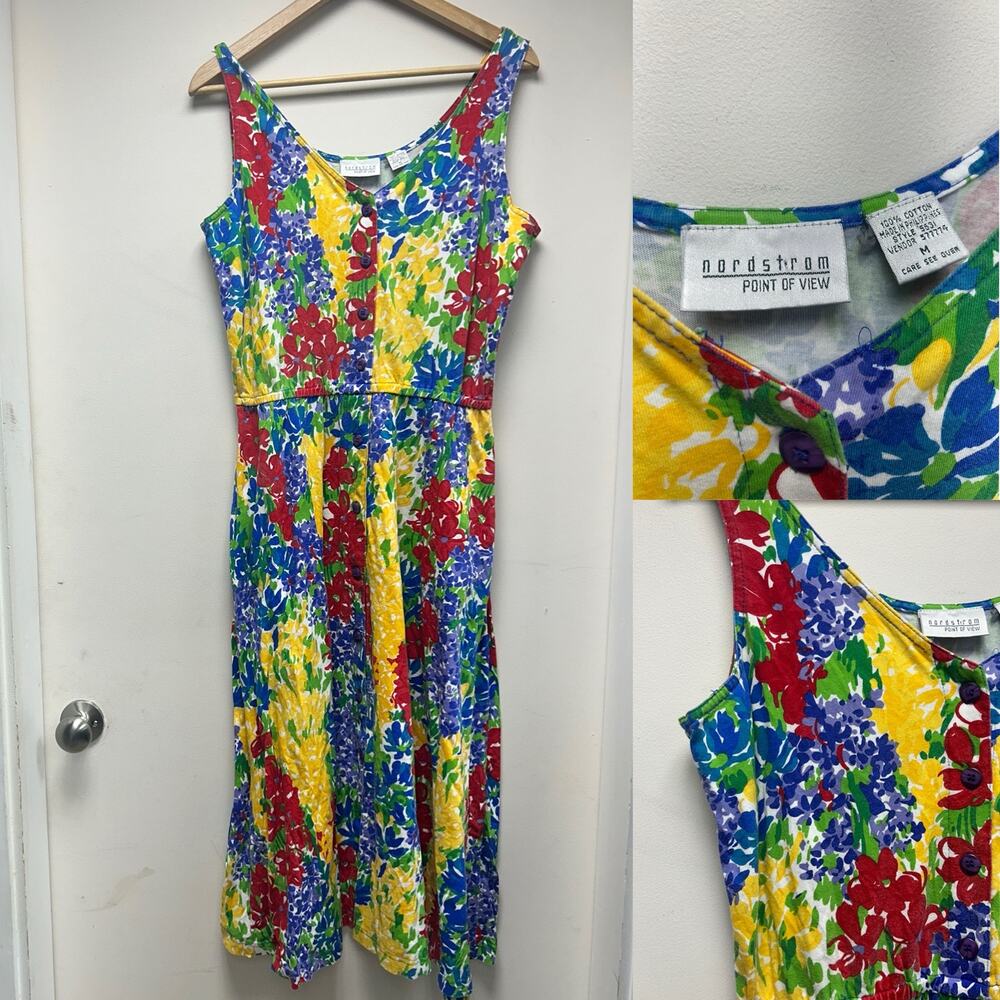 Vintage Colorful Nordstrom Point of View Floral Cotton Midi Dress M